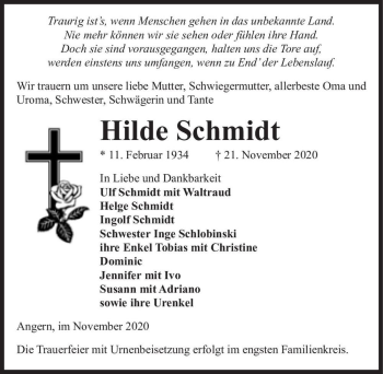 Traueranzeige von Hilde Schmidt  von Magdeburger Volksstimme