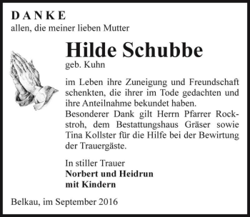 Traueranzeige von Hilde Schubbe (geb. Kuhn)  von Magdeburger Volksstimme