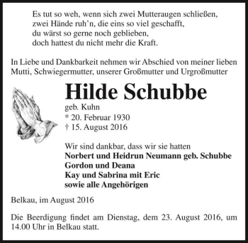 Traueranzeige von Hilde Schubbe (geb. Kuhn)  von Magdeburger Volksstimme