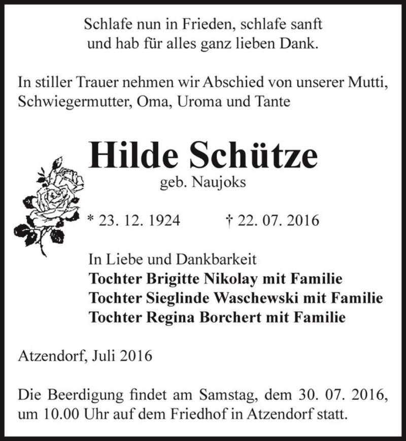  Traueranzeige für Hilde Schütze (geb. Naujoks)  vom 27.07.2016 aus Magdeburger Volksstimme