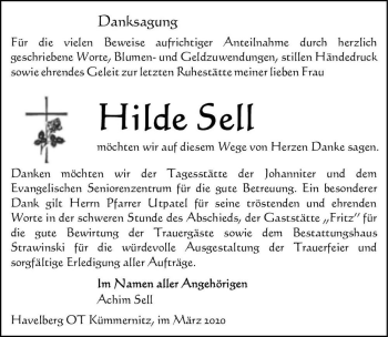 Traueranzeige von Hilde Sell  von Magdeburger Volksstimme