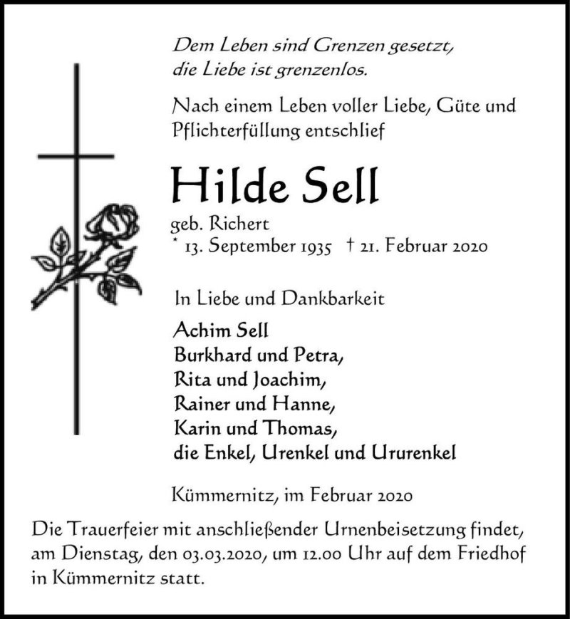  Traueranzeige für Hilde Sell (geb. Richert)  vom 27.02.2020 aus Magdeburger Volksstimme