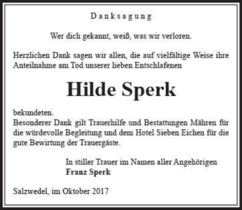 Traueranzeige von Hilde Sperk  von Magdeburger Volksstimme