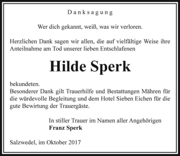 Traueranzeige von Hilde Sperk  von Magdeburger Volksstimme