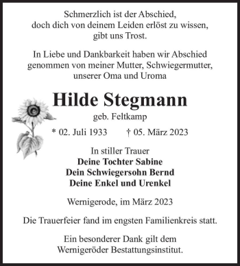 Traueranzeige von Hilde Stegmann (geb. Feltkamp)  von Magdeburger Volksstimme