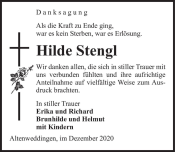 Traueranzeige von Hilde Stengl  von Magdeburger Volksstimme