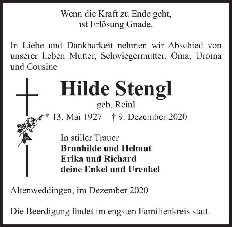  Traueranzeige für Hilde Stengl (geb. Reinl)  vom 12.12.2020 aus Magdeburger Volksstimme