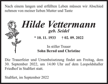 Traueranzeige von Hilde Vettermann (geb. Seidel)  von Magdeburger Volksstimme