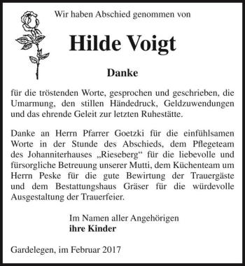 Traueranzeige von Hilde Voigt  von Magdeburger Volksstimme