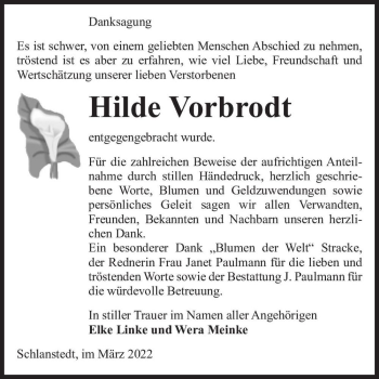 Traueranzeige von Hilde Vorbrodt  von Magdeburger Volksstimme