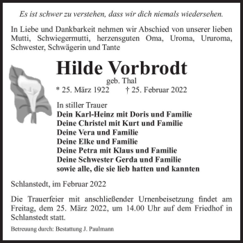 Traueranzeige von Hilde Vorbrodt (geb. Thal)  von Magdeburger Volksstimme
