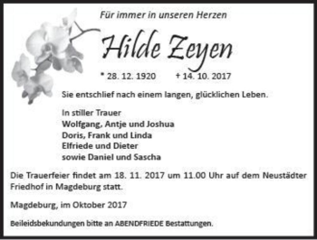 Traueranzeige von Hilde Zeyen  von Magdeburger Volksstimme