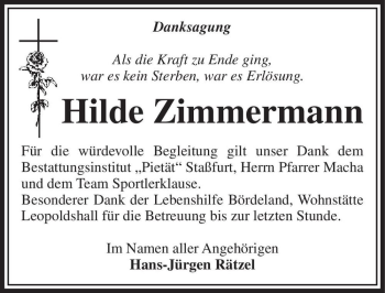 Traueranzeige von Hilde Zimmermann  von Magdeburger Volksstimme