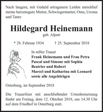 Traueranzeige von Hildeard Heinemann (geb. Alpert)  von Magdeburger Volksstimme