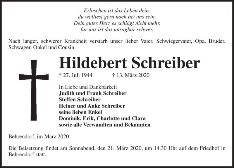  Traueranzeige für Hildebert Schreiber  vom 18.03.2020 aus Magdeburger Volksstimme