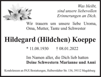 Traueranzeige von Hildegard (Hildchen) Koeppe  von Magdeburger Volksstimme