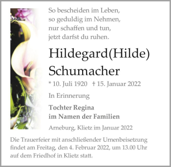 Traueranzeige von Hildegard (Hilde) Schumacher  von Magdeburger Volksstimme