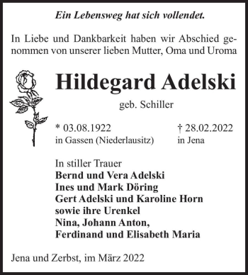 Traueranzeige von Hildegard Adelski (geb. Schiller)  von Magdeburger Volksstimme