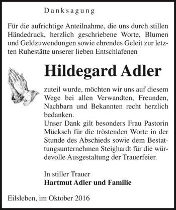 Traueranzeige von Hildegard Adler  von Magdeburger Volksstimme