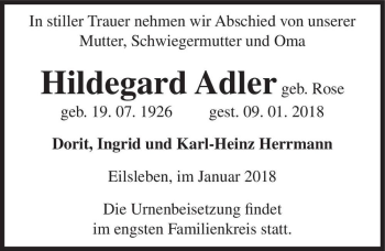 Traueranzeige von Hildegard Adler (geb. Rose)  von Magdeburger Volksstimme
