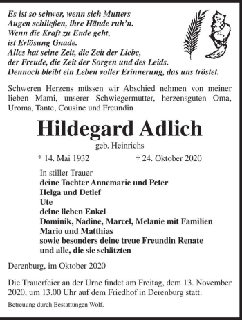 Traueranzeige von Hildegard Adlich (geb. Heinrichs)  von Magdeburger Volksstimme