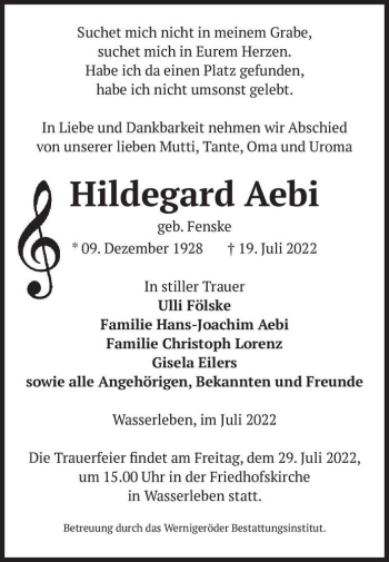 Traueranzeige von Hildegard Aebi (geb. Fenske)  von Magdeburger Volksstimme