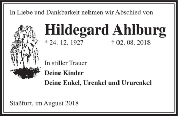 Traueranzeige von Hildegard Ahlburg  von Magdeburger Volksstimme