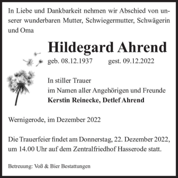 Traueranzeige von Hildegard Ahrend  von Magdeburger Volksstimme