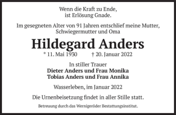 Traueranzeige von Hildegard Anders  von Magdeburger Volksstimme