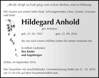 Traueranzeige von Hildegard Anhold (geb. Roßleben)  von Magdeburger Volksstimme
