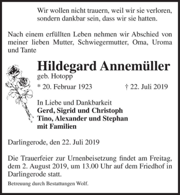 Traueranzeige von Hildegard Annemüller (geb. Hotopp)  von Magdeburger Volksstimme