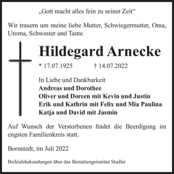 Traueranzeige von Hildegard Arnecke  von Magdeburger Volksstimme
