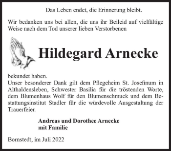 Traueranzeige von Hildegard Arnecke  von Magdeburger Volksstimme