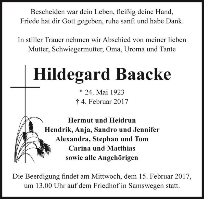  Traueranzeige für Hildegard Baacke  vom 11.02.2017 aus Magdeburger Volksstimme