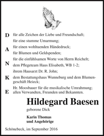 Traueranzeige von Hildegard Baesen (geb. Dick)  von Magdeburger Volksstimme
