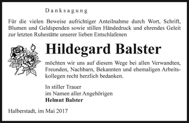  Traueranzeige für Hildegard Balster  vom 13.05.2017 aus Magdeburger Volksstimme