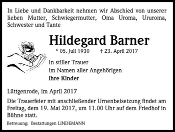 Traueranzeige von Hildegard Barner  von Magdeburger Volksstimme
