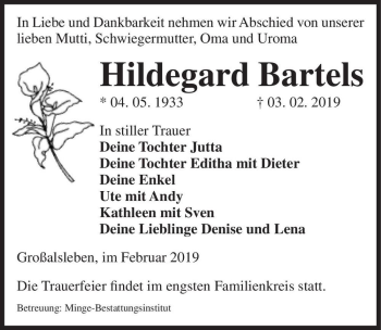 Traueranzeige von Hildegard Bartels  von Magdeburger Volksstimme