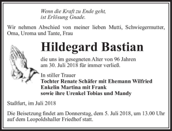 Traueranzeige von Hildegard Bastian  von Magdeburger Volksstimme