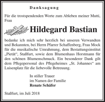 Traueranzeige von Hildegard Bastian  von Magdeburger Volksstimme