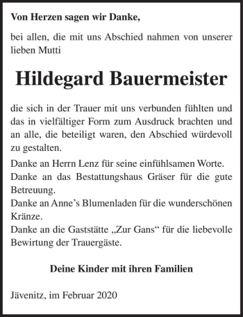 Traueranzeige von Hildegard Bauermeister  von Magdeburger Volksstimme