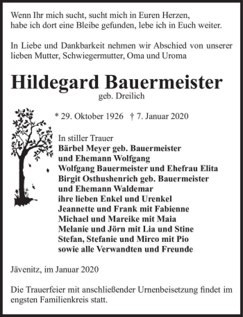 Traueranzeige von Hildegard Bauermeister (geb. Dreilich)  von Magdeburger Volksstimme