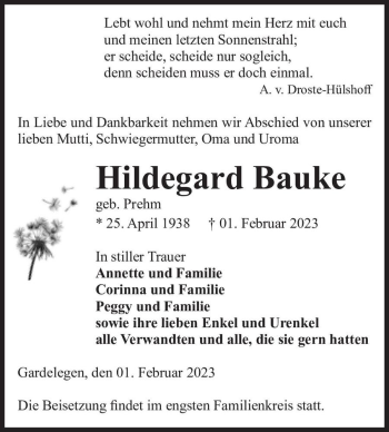 Traueranzeige von Hildegard Bauke (geb. Prehm)  von Magdeburger Volksstimme