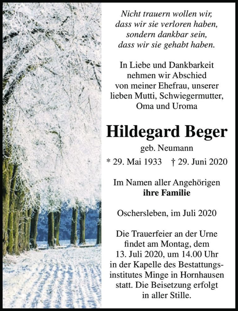  Traueranzeige für Hildegard Beger (geb. Neumann)  vom 04.07.2020 aus Magdeburger Volksstimme