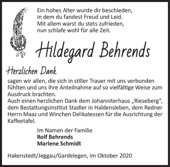 Traueranzeige von Hildegard Behrends  von Magdeburger Volksstimme