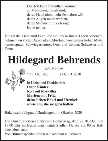 Traueranzeige von Hildegard Behrends (geb. Neshau)  von Magdeburger Volksstimme