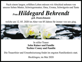 Traueranzeige von Hildegard Behrendt (geb. Deutschmann)  von Magdeburger Volksstimme