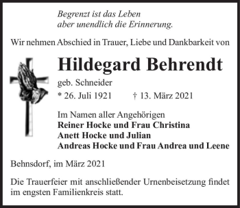 Traueranzeige von Hildegard Behrendt (geb. Schneider)  von Magdeburger Volksstimme