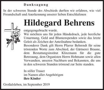 Traueranzeige von Hildegard Behrens  von Magdeburger Volksstimme