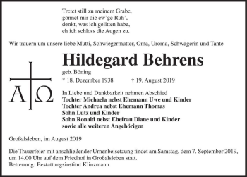 Traueranzeige von Hildegard Behrens (geb. Böning)  von Magdeburger Volksstimme